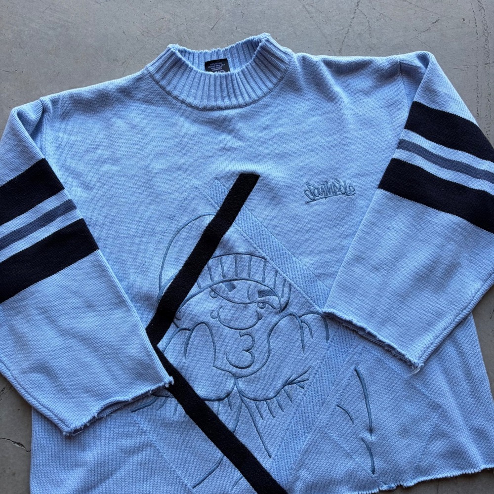 Southpole Y2K Mock Neck Knit Sweater Blue Character Graphic XXL Mens